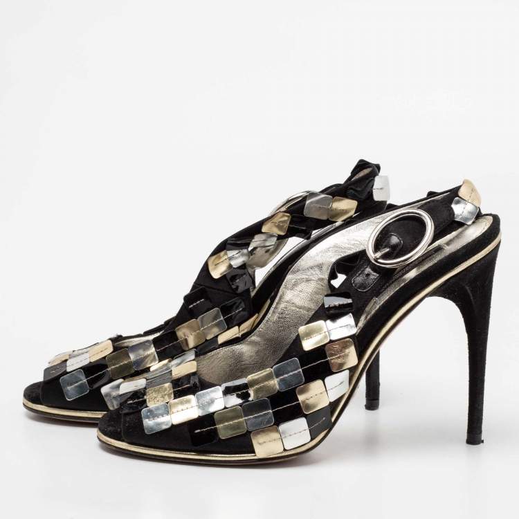 Pre Owned Dolce & Gabbana Black/Golden Ankle Strap Peep Toe Sandals Size 38.5