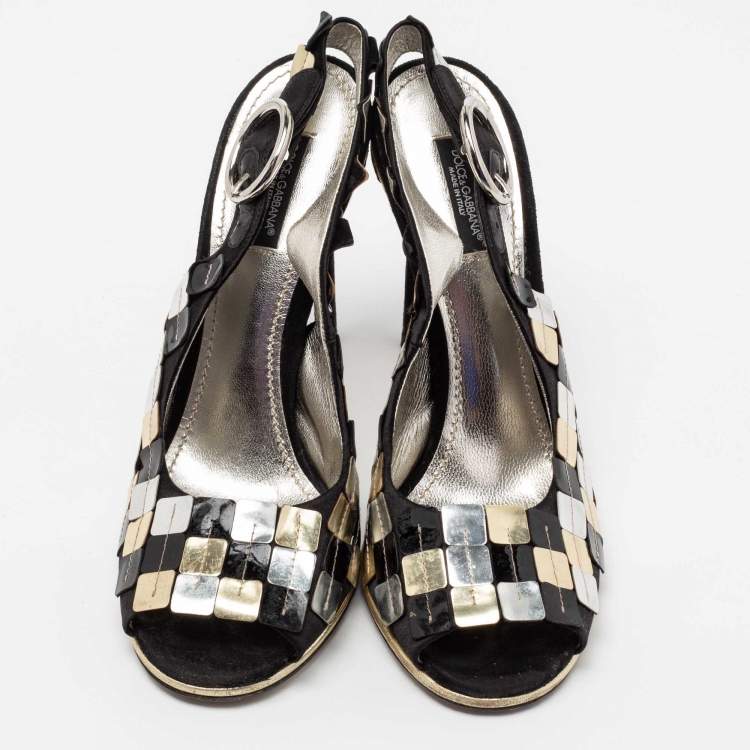 Pre Owned Dolce & Gabbana Black/Golden Ankle Strap Peep Toe Sandals Size 38.5