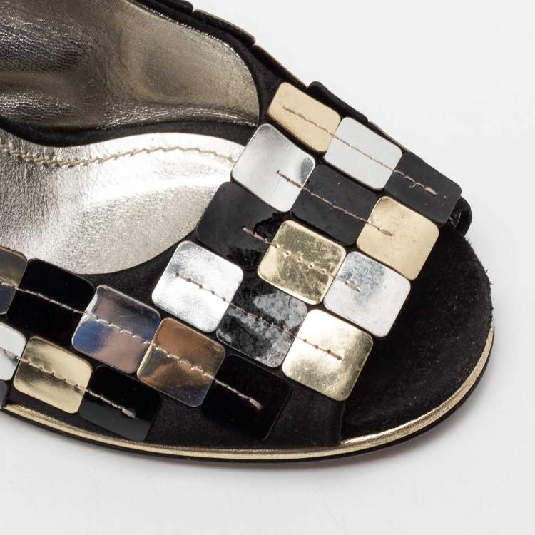 Pre Owned Dolce & Gabbana Black/Golden Ankle Strap Peep Toe Sandals Size 38.5