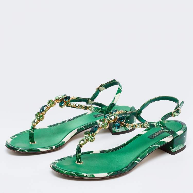 Pre Owned Dolce & Gabbana Green Leaf Printed Patent Leather Crystal Embellished Ankle Strap Sandals Size 38.5