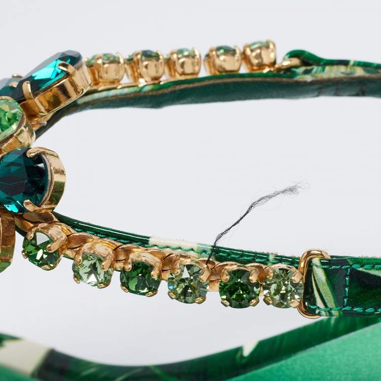 Pre Owned Dolce & Gabbana Green Leaf Printed Patent Leather Crystal Embellished Ankle Strap Sandals Size 38.5