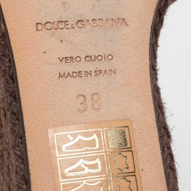 مملوكة مسبقًا Dolce & Gabbana Brown Raffia Crystal Embellished Espadrille Wedge Sandals Size 38