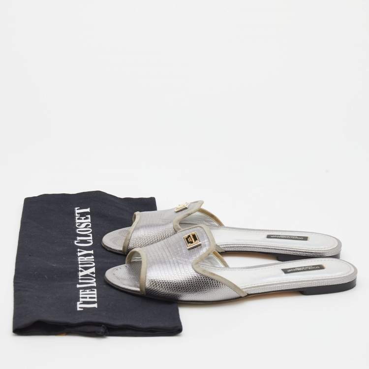 مملوكة مسبقًا Dolce & Gabbana Silver Lizard Embossed Leather Sofia Flat Slides Size 38