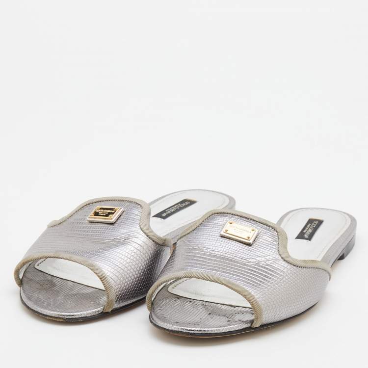 مملوكة مسبقًا Dolce & Gabbana Silver Lizard Embossed Leather Sofia Flat Slides Size 38