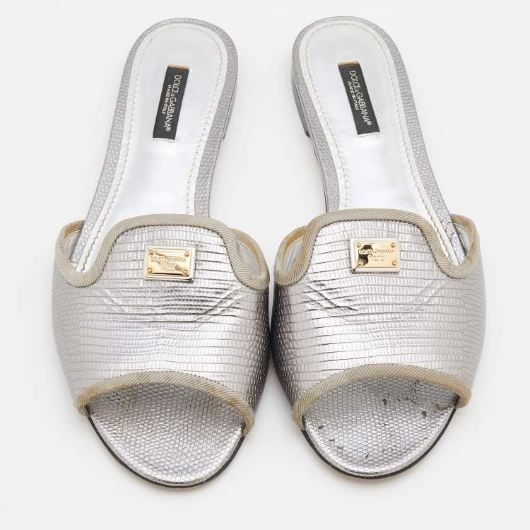مملوكة مسبقًا Dolce & Gabbana Silver Lizard Embossed Leather Sofia Flat Slides Size 38