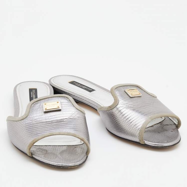 مملوكة مسبقًا Dolce & Gabbana Silver Lizard Embossed Leather Sofia Flat Slides Size 38