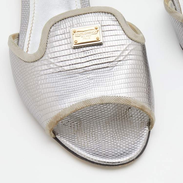 مملوكة مسبقًا Dolce & Gabbana Silver Lizard Embossed Leather Sofia Flat Slides Size 38
