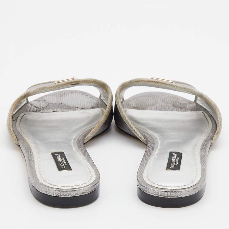 مملوكة مسبقًا Dolce & Gabbana Silver Lizard Embossed Leather Sofia Flat Slides Size 38