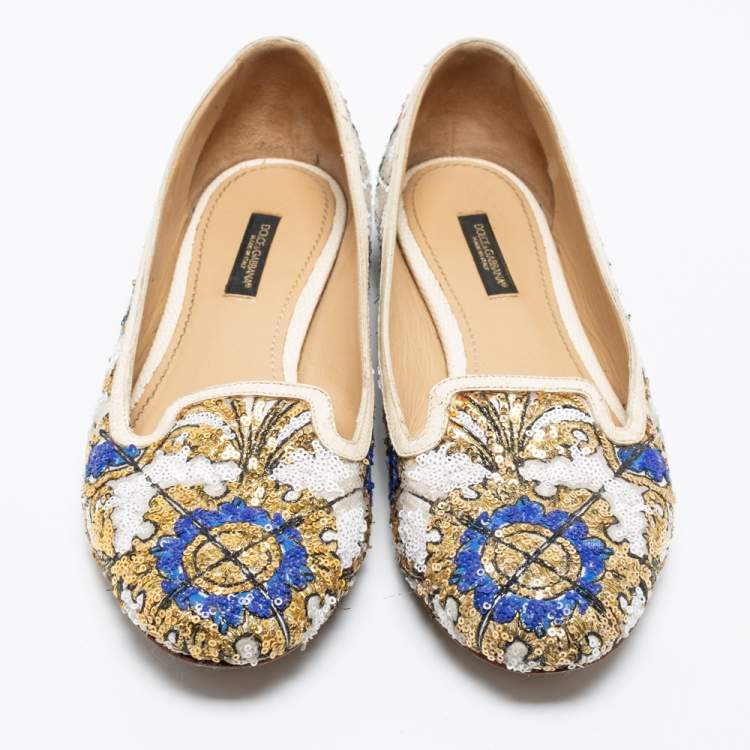 Pre Owned Dolce & Gabbana Multicolor Sequin Embellished Smoking Slippers Size 37.5