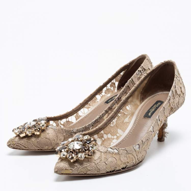 Pre Owned Dolce & Gabbana Beige Lace Bellucci Pointed Toe Pumps Size 36.5