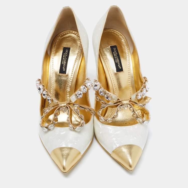 Pre Owned Dolce & Gabbana Off-White/Gold Textured Leather Crystal Embellished Bow Lori Pumps Size 37.5