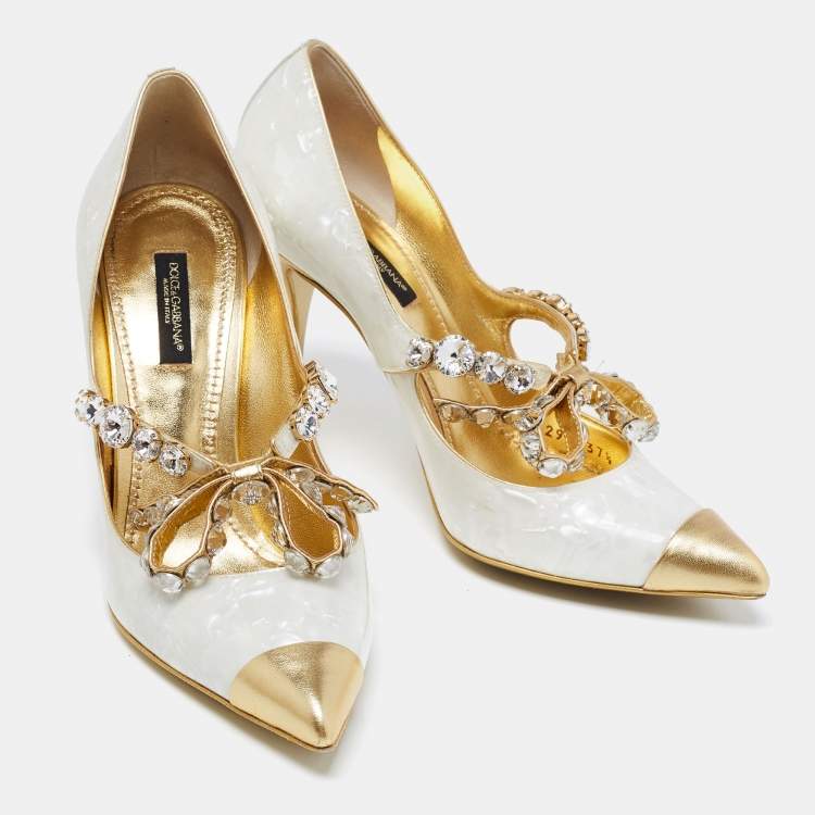 Pre Owned Dolce & Gabbana Off-White/Gold Textured Leather Crystal Embellished Bow Lori Pumps Size 37.5