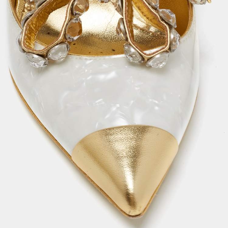 Pre Owned Dolce & Gabbana Off-White/Gold Textured Leather Crystal Embellished Bow Lori Pumps Size 37.5