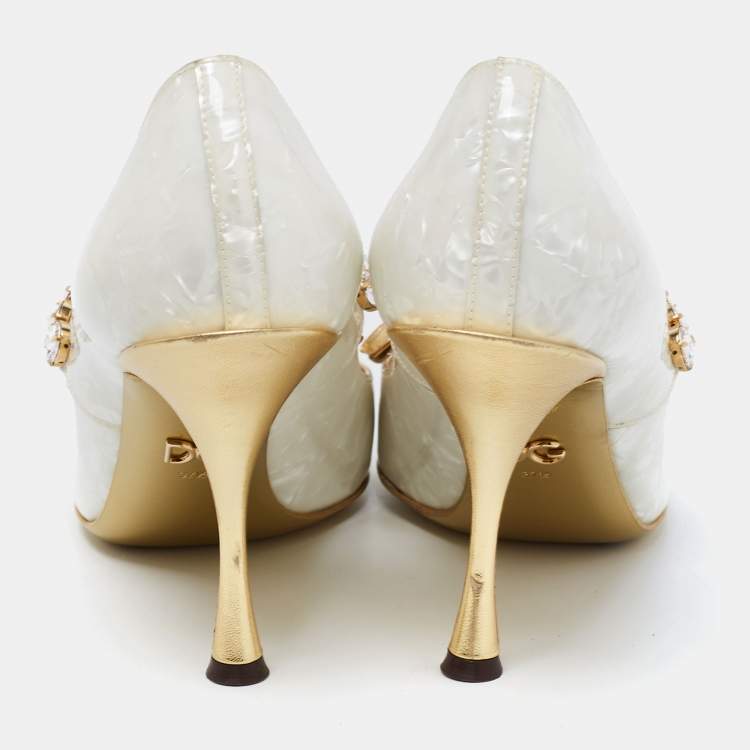 Pre Owned Dolce & Gabbana Off-White/Gold Textured Leather Crystal Embellished Bow Lori Pumps Size 37.5