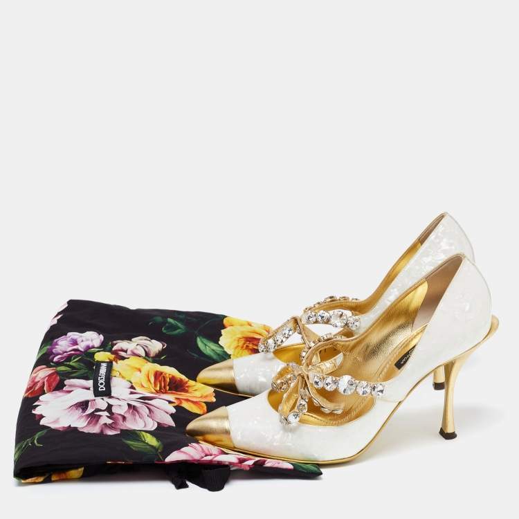 Pre Owned Dolce & Gabbana Off-White/Gold Textured Leather Crystal Embellished Bow Lori Pumps Size 37.5