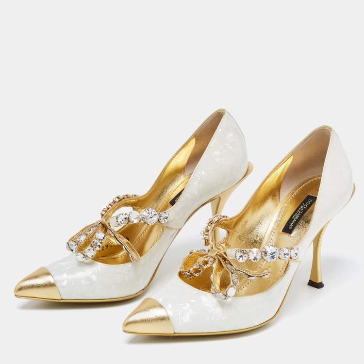 Pre Owned Dolce & Gabbana Off-White/Gold Textured Leather Crystal Embellished Bow Lori Pumps Size 37.5