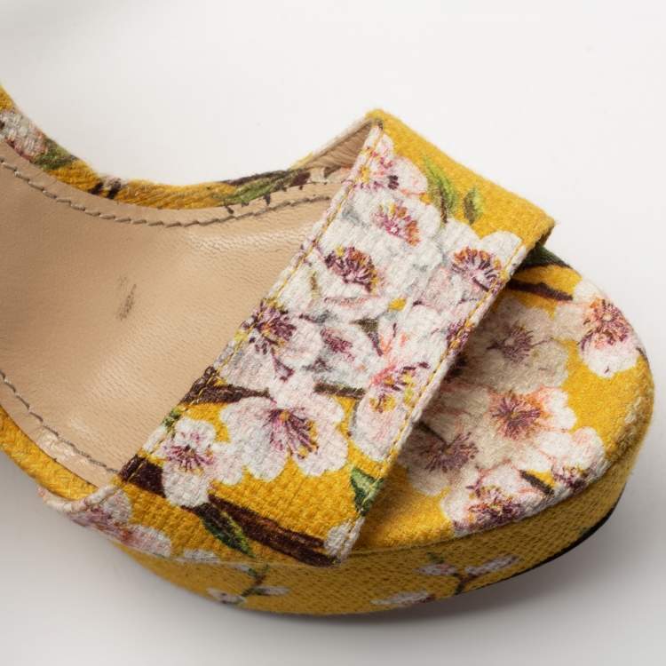 Pre Owned Dolce & Gabbana Yellow Fabric Floral Print Wedge Sandals Size 36