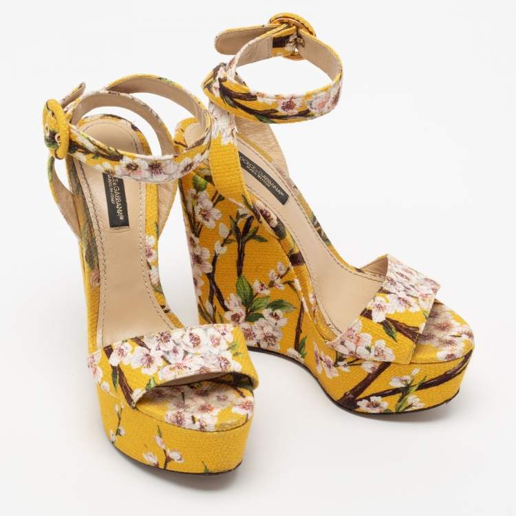 Pre Owned Dolce & Gabbana Yellow Fabric Floral Print Wedge Sandals Size 36