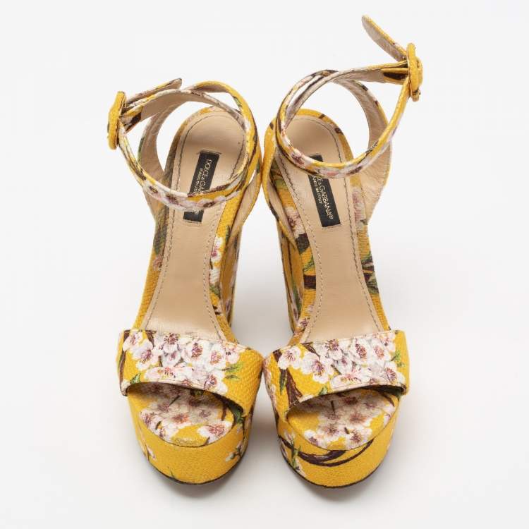 Pre Owned Dolce & Gabbana Yellow Fabric Floral Print Wedge Sandals Size 36