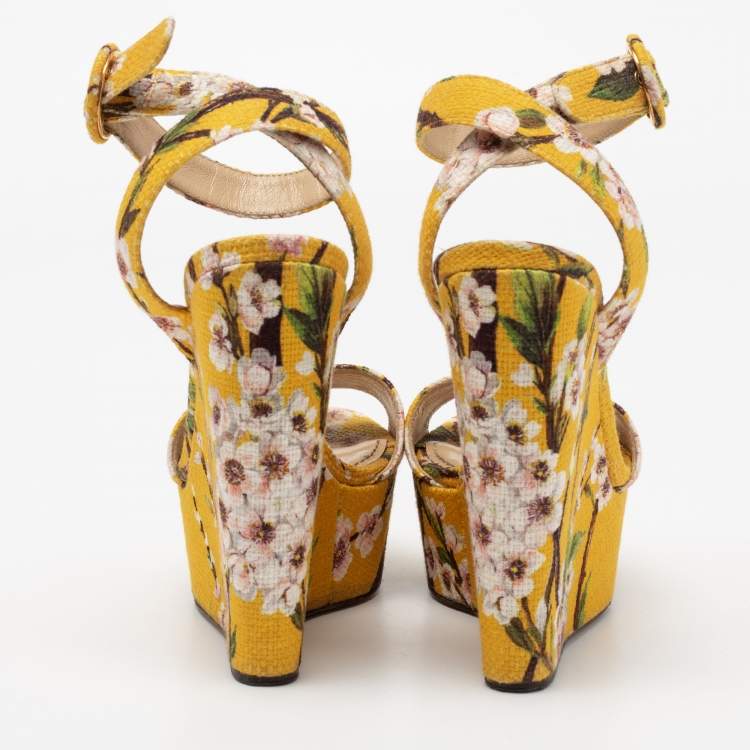 Pre Owned Dolce & Gabbana Yellow Fabric Floral Print Wedge Sandals Size 36