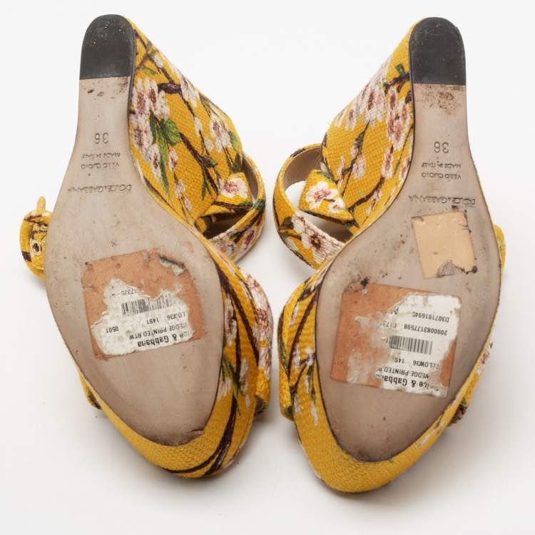 Pre Owned Dolce & Gabbana Yellow Fabric Floral Print Wedge Sandals Size 36