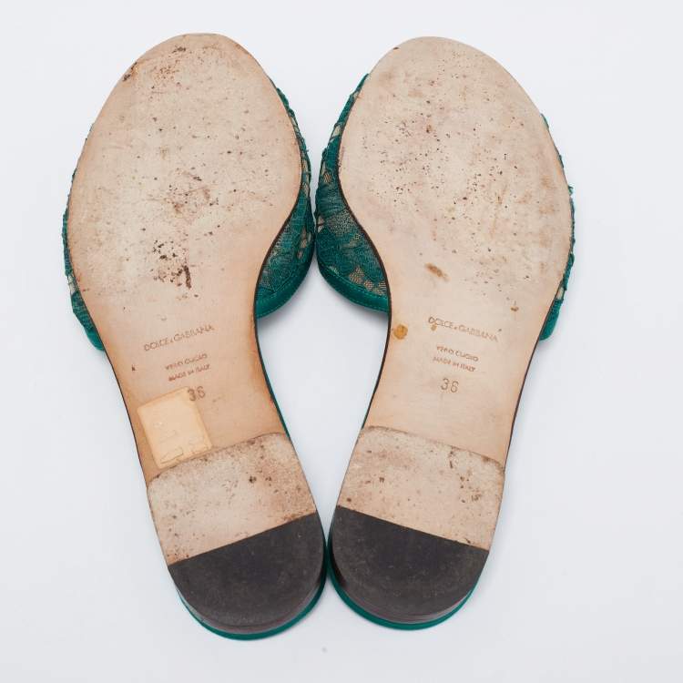 Pre Owned Dolce & Gabbana Green Lace Sofia Crystal Embellished Flat Slides Size 36