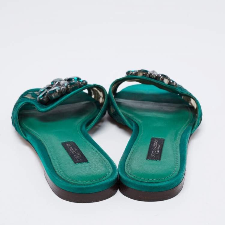 Pre Owned Dolce & Gabbana Green Lace Sofia Crystal Embellished Flat Slides Size 36