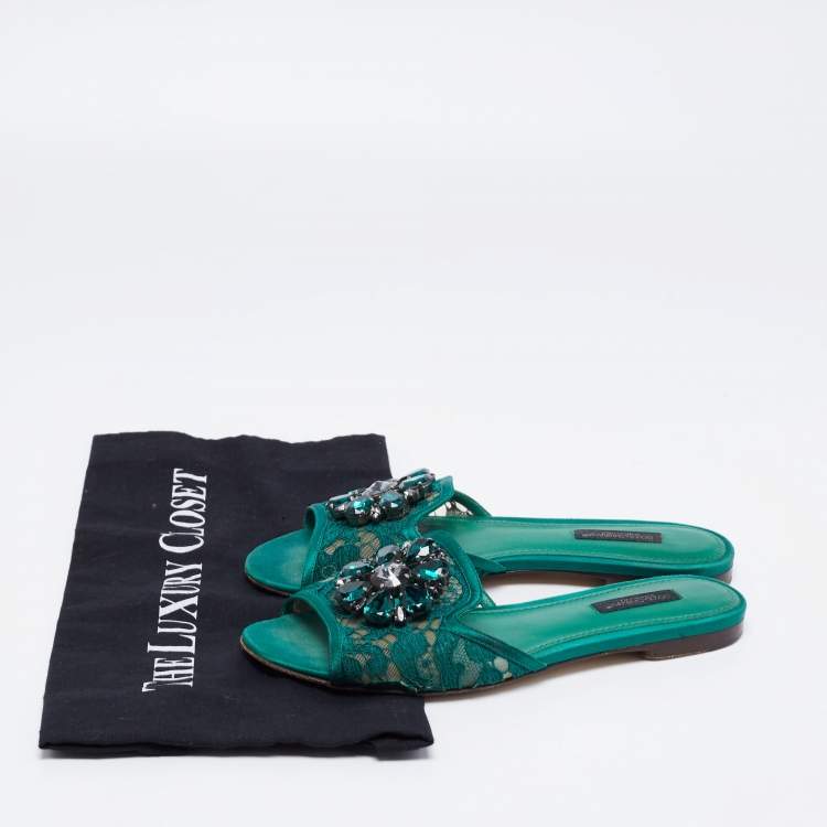 Pre Owned Dolce & Gabbana Green Lace Sofia Crystal Embellished Flat Slides Size 36