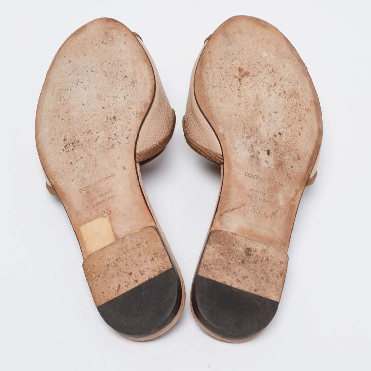 Pre Owned Dolce & Gabbana Beige Lizard Embossed Leather Sofia Slide Sandals Size 35