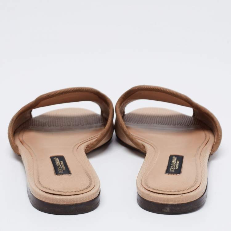 Pre Owned Dolce & Gabbana Beige Lizard Embossed Leather Sofia Slide Sandals Size 35