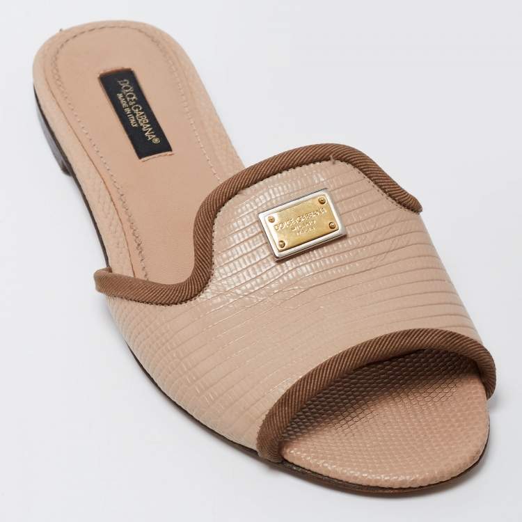 Pre Owned Dolce & Gabbana Beige Lizard Embossed Leather Sofia Slide Sandals Size 35