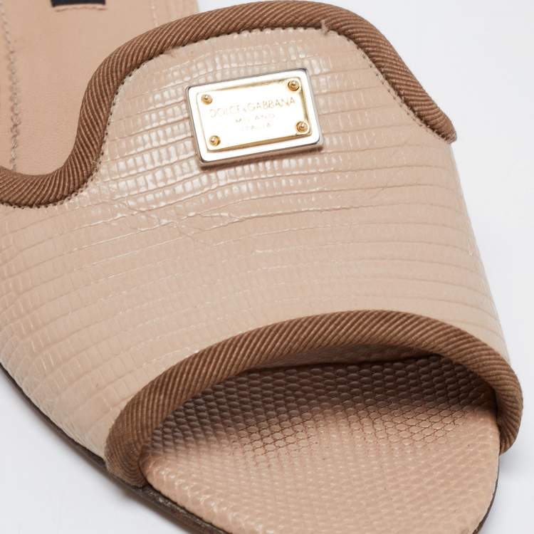 Pre Owned Dolce & Gabbana Beige Lizard Embossed Leather Sofia Slide Sandals Size 35