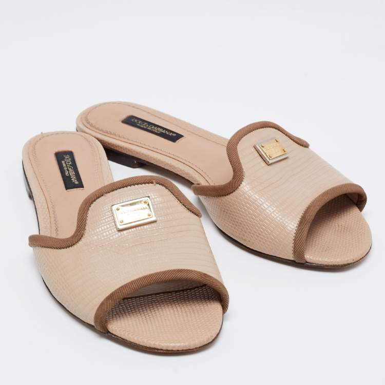 Pre Owned Dolce & Gabbana Beige Lizard Embossed Leather Sofia Slide Sandals Size 35