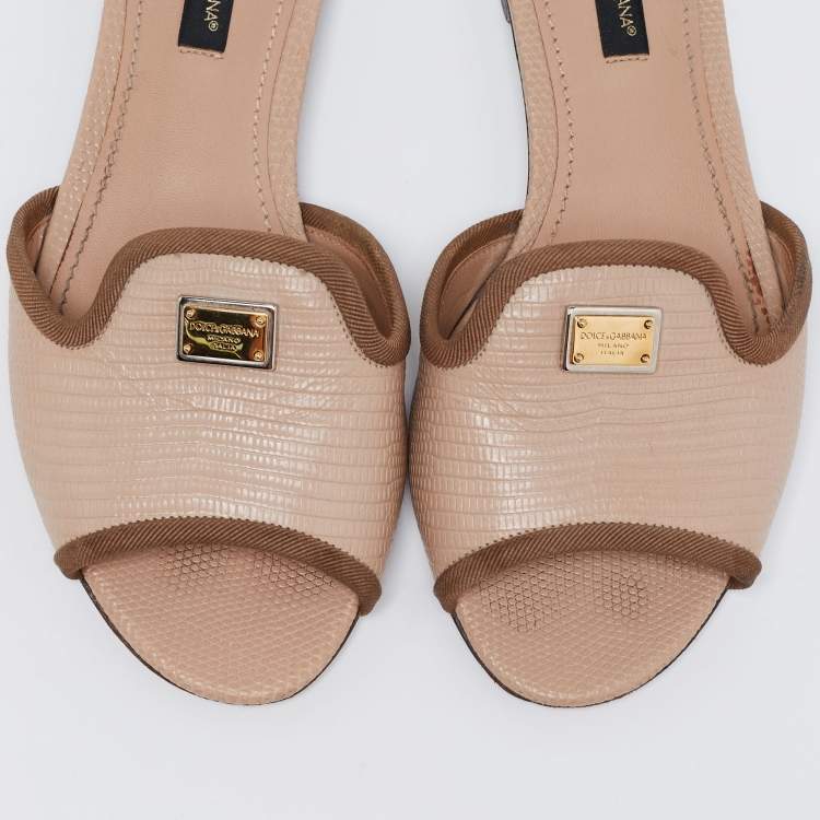 Pre Owned Dolce & Gabbana Beige Lizard Embossed Leather Sofia Slide Sandals Size 35