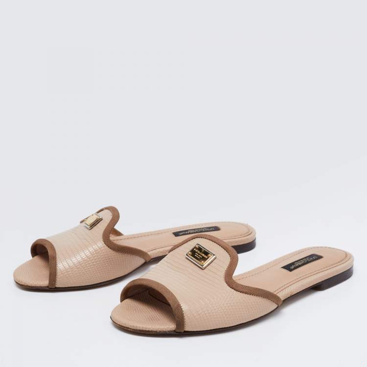 Pre Owned Dolce & Gabbana Beige Lizard Embossed Leather Sofia Slide Sandals Size 35