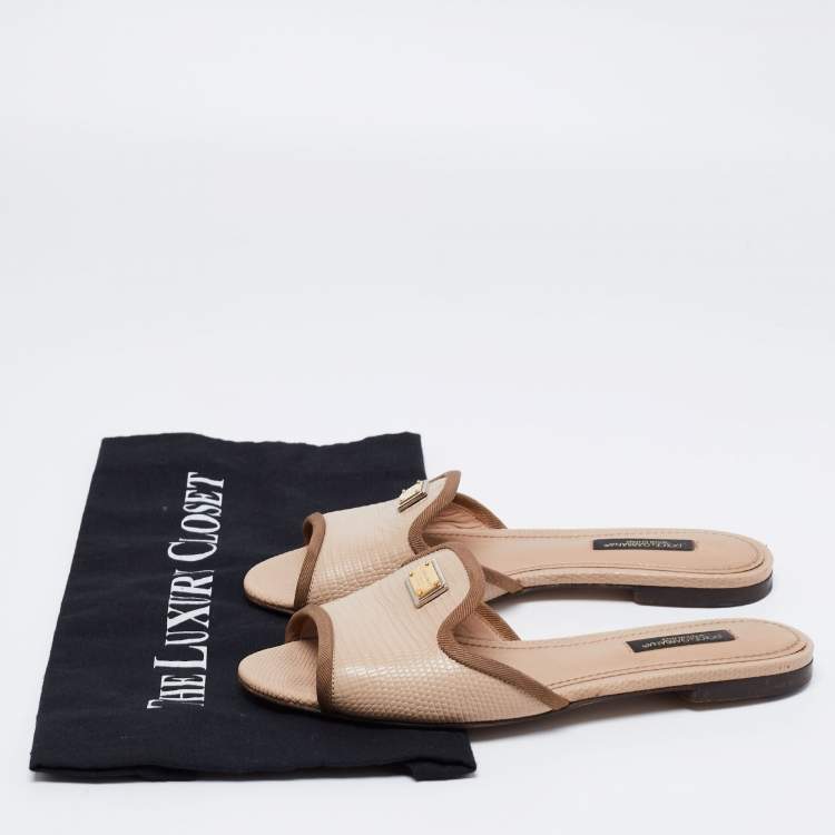 Pre Owned Dolce & Gabbana Beige Lizard Embossed Leather Sofia Slide Sandals Size 35