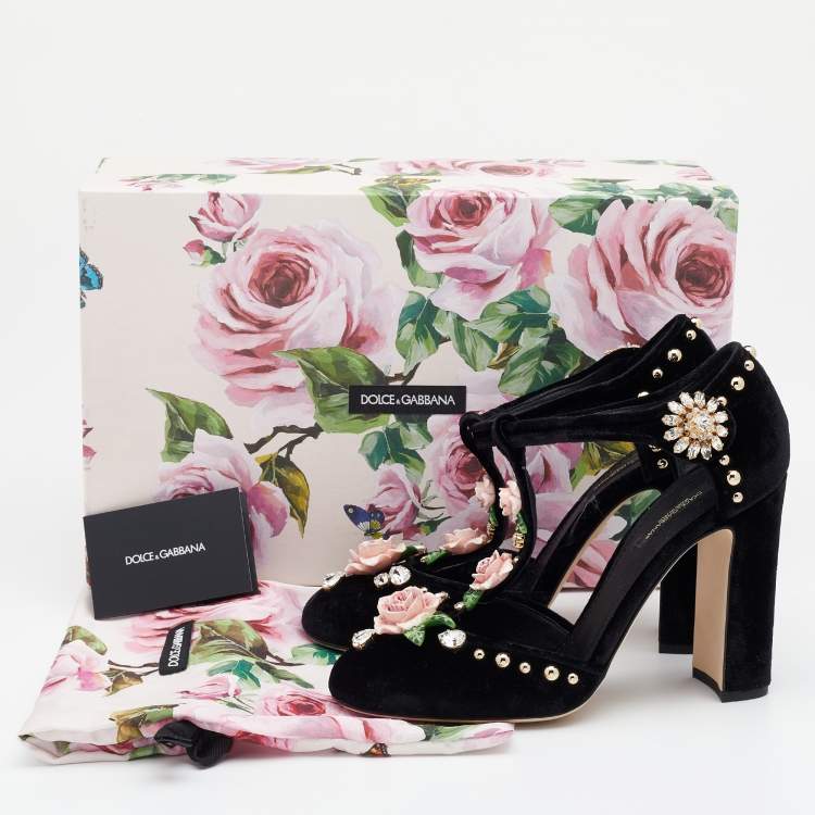 Pre Owned Dolce & Gabbana Black Velvet Crystal/Rose Embellished Sandals Size 38