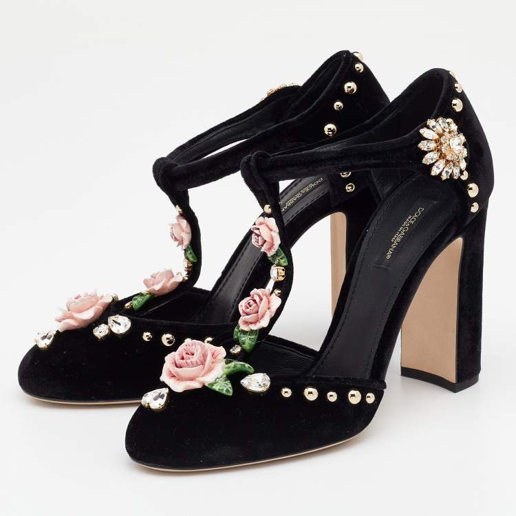 Pre Owned Dolce & Gabbana Black Velvet Crystal/Rose Embellished Sandals Size 38