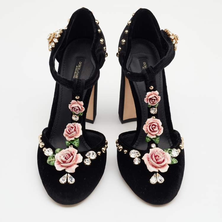 Pre Owned Dolce & Gabbana Black Velvet Crystal/Rose Embellished Sandals Size 38