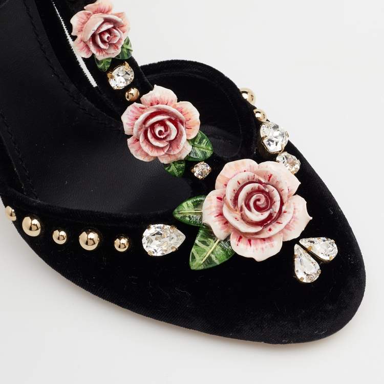 Pre Owned Dolce & Gabbana Black Velvet Crystal/Rose Embellished Sandals Size 38