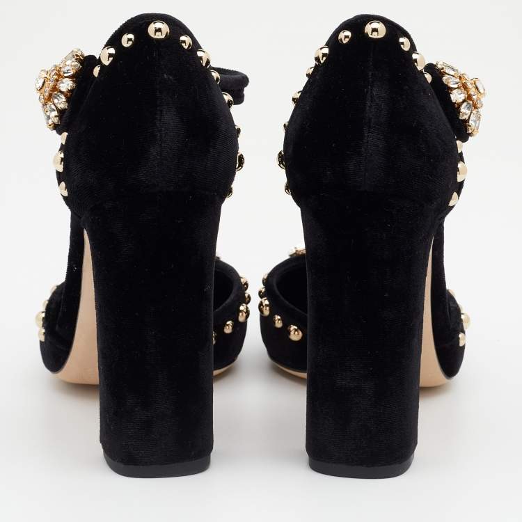 Pre Owned Dolce & Gabbana Black Velvet Crystal/Rose Embellished Sandals Size 38