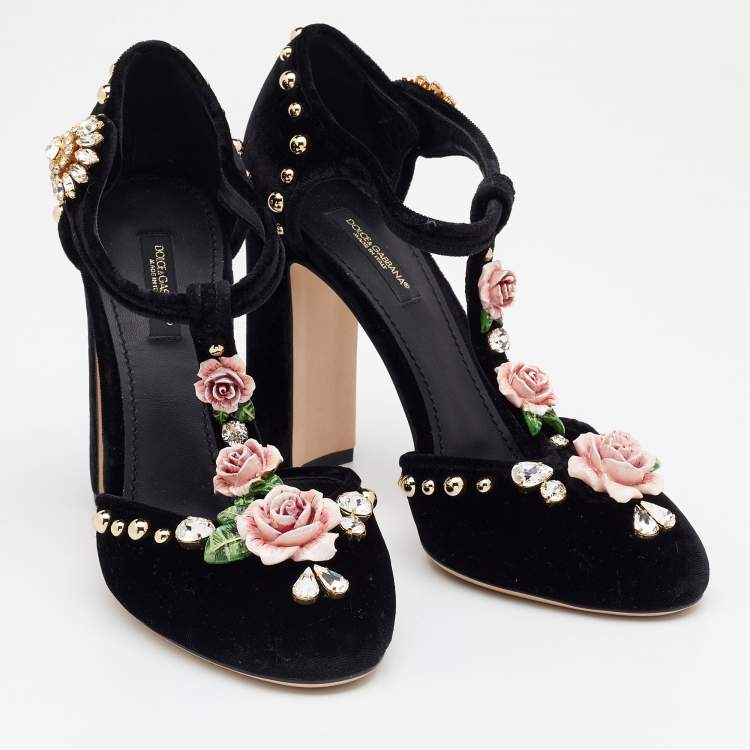 Pre Owned Dolce & Gabbana Black Velvet Crystal/Rose Embellished Sandals Size 38