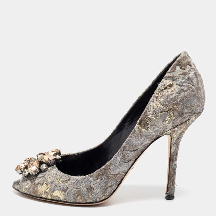 Pre Owned Dolce & Gabbana Grey/Gold Floral Print Brocade Fabric Bellucci Peep-Toe Pumps Size 37
