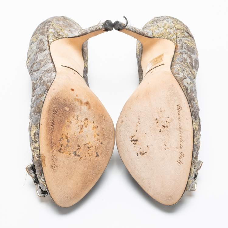 Pre Owned Dolce & Gabbana Grey/Gold Floral Print Brocade Fabric Bellucci Peep-Toe Pumps Size 37