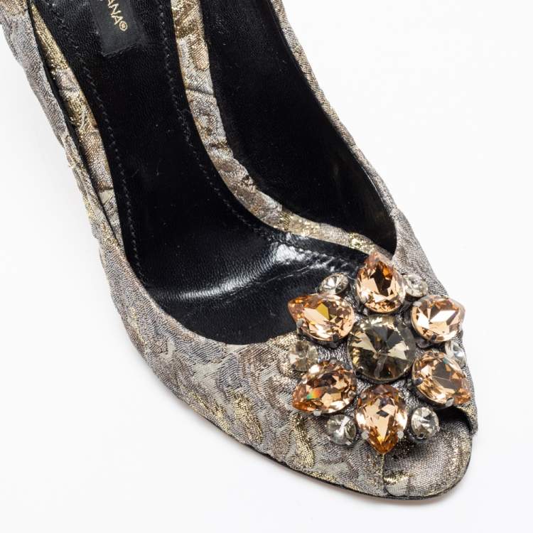 Pre Owned Dolce & Gabbana Grey/Gold Floral Print Brocade Fabric Bellucci Peep-Toe Pumps Size 37