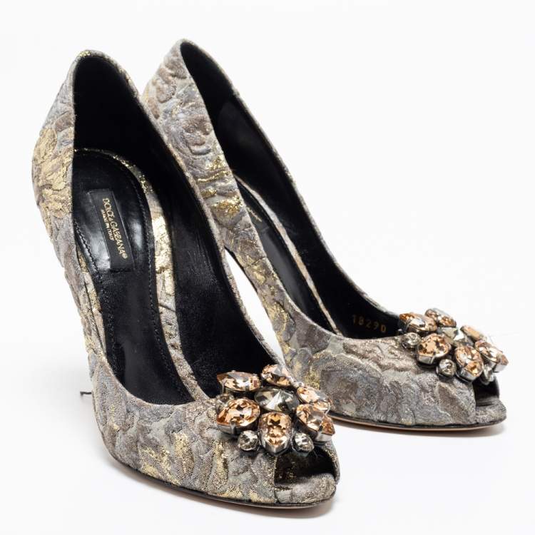 Pre Owned Dolce & Gabbana Grey/Gold Floral Print Brocade Fabric Bellucci Peep-Toe Pumps Size 37