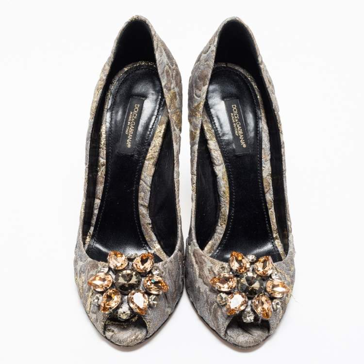 Pre Owned Dolce & Gabbana Grey/Gold Floral Print Brocade Fabric Bellucci Peep-Toe Pumps Size 37