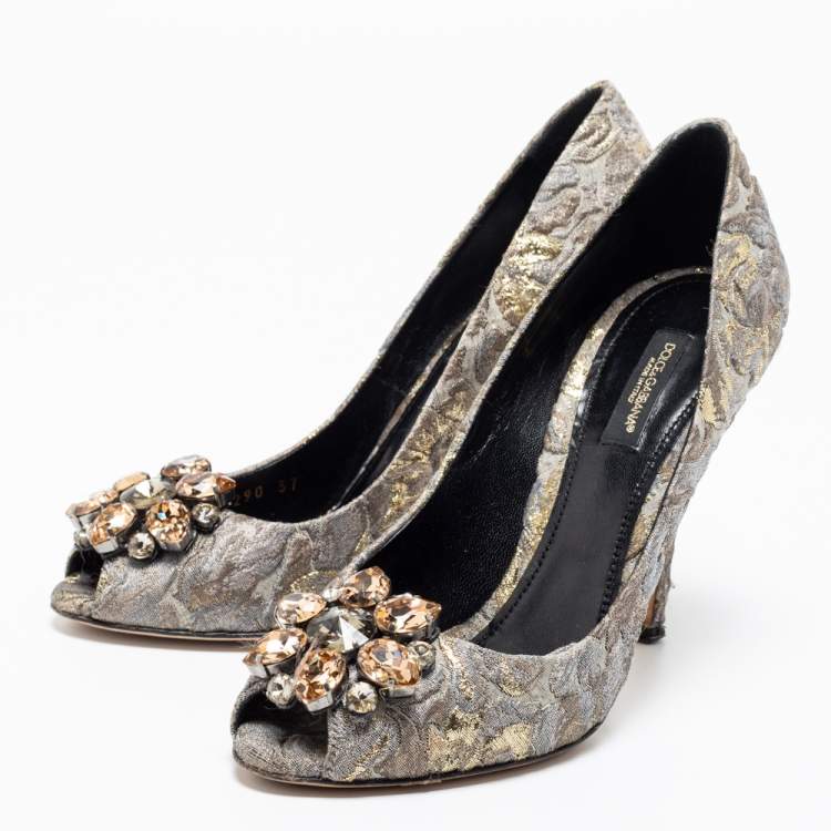 Pre Owned Dolce & Gabbana Grey/Gold Floral Print Brocade Fabric Bellucci Peep-Toe Pumps Size 37