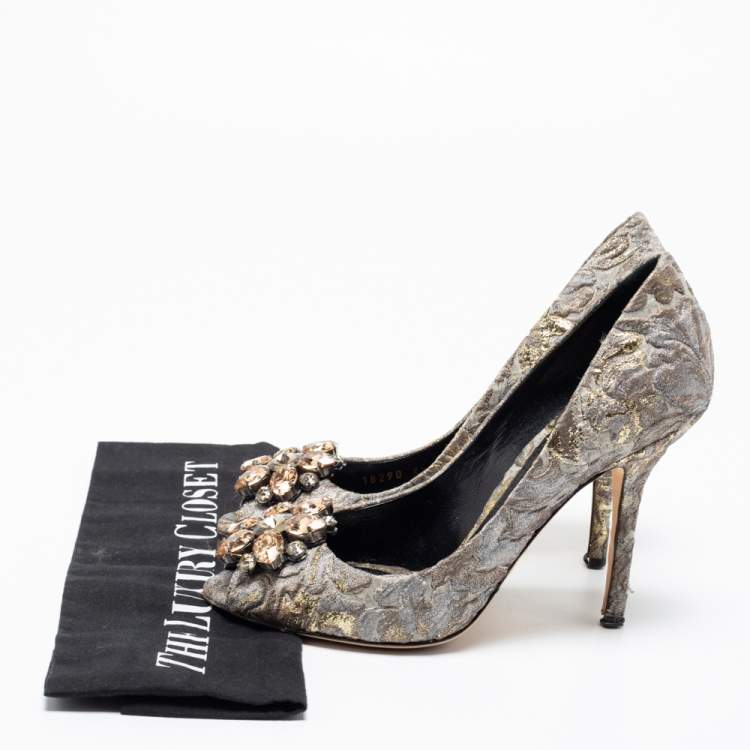 Pre Owned Dolce & Gabbana Grey/Gold Floral Print Brocade Fabric Bellucci Peep-Toe Pumps Size 37