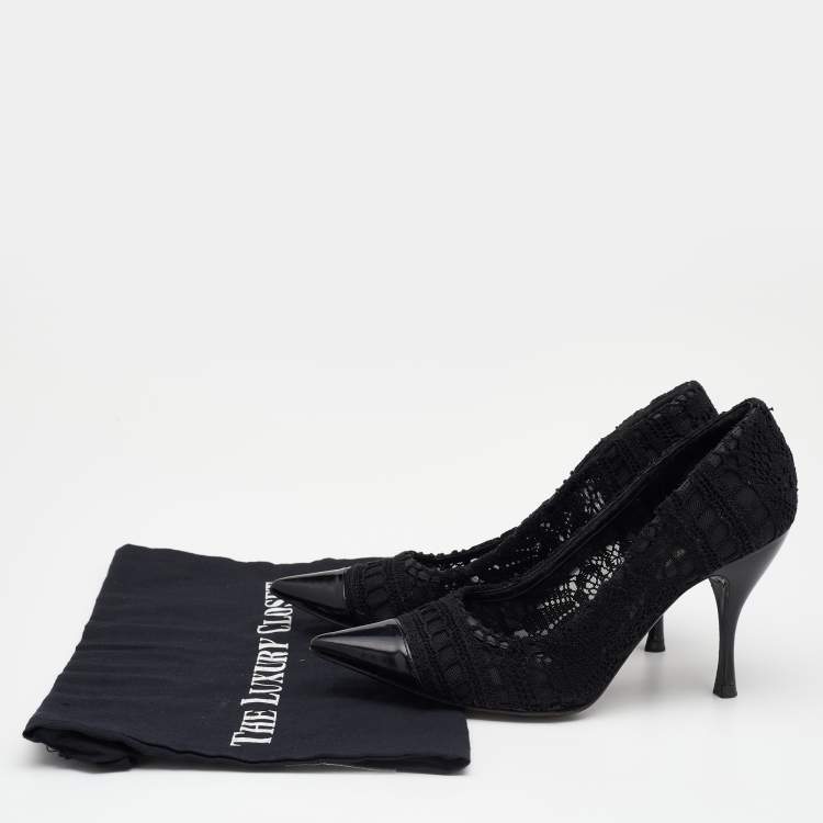 Pre Owned Dolce & Gabbana Black Crochet And Leather Pointed Cap Toe Pumps Size 37.5